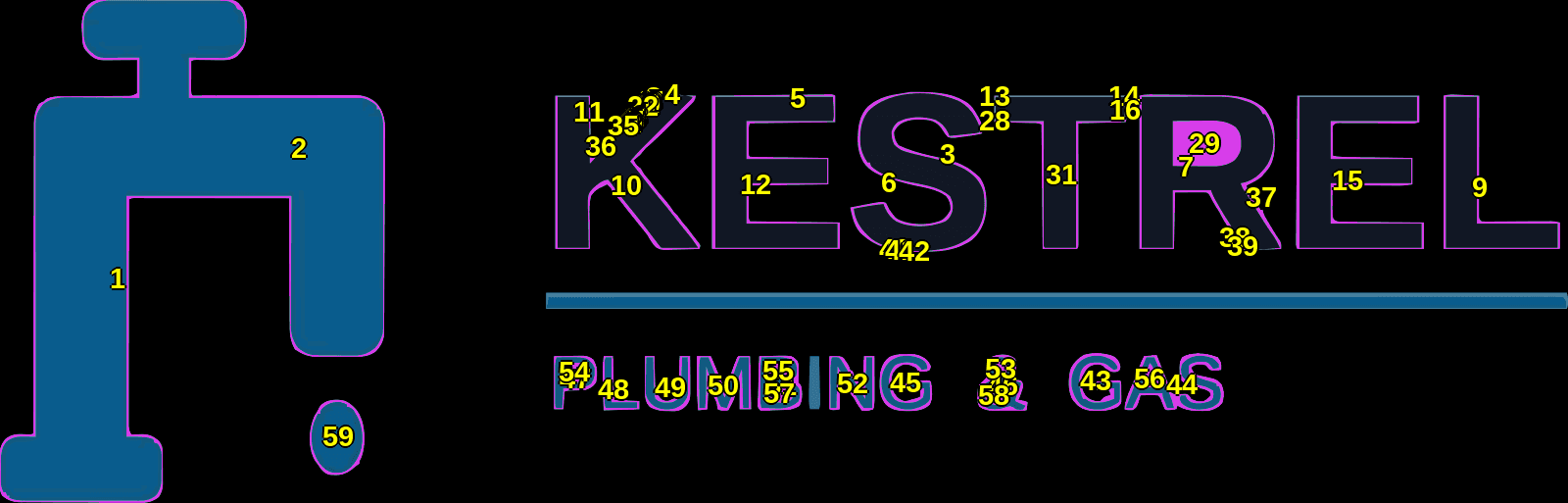 The traced logo on black with every enclosed region tinted magenta and numbered. Region 29 is the counter in the letter R; most of the others are the keyline